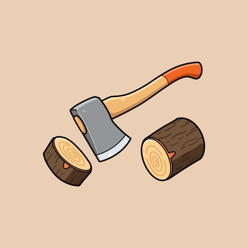 The illustration depicts an axe next to two sections of a chopped log, suggesting woodcutting. vector