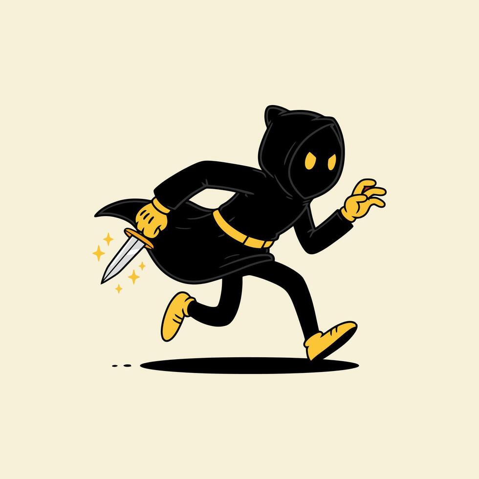 A stylized illustration depicts a hooded figure in black attire, running swiftly while carrying a dagger. vector