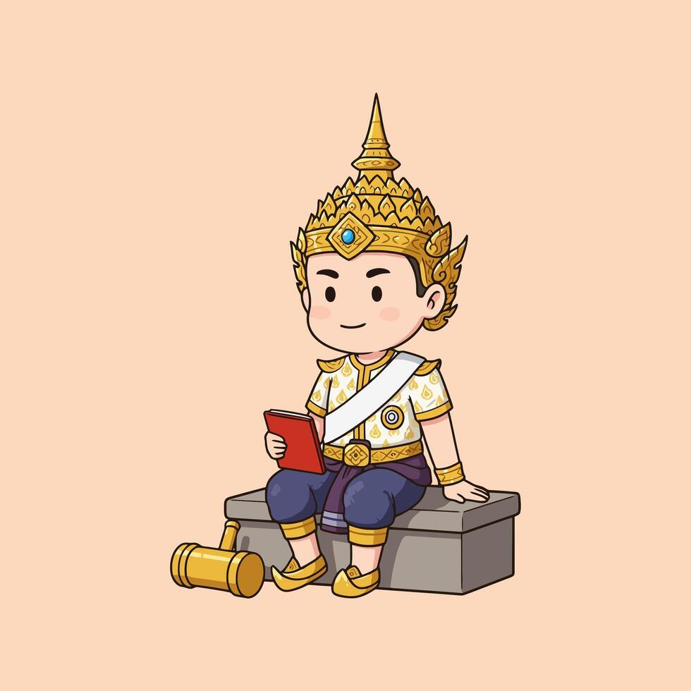 A cute cartoon illustration depicts a young Thai judge in traditional attire seated, reading a book. vector