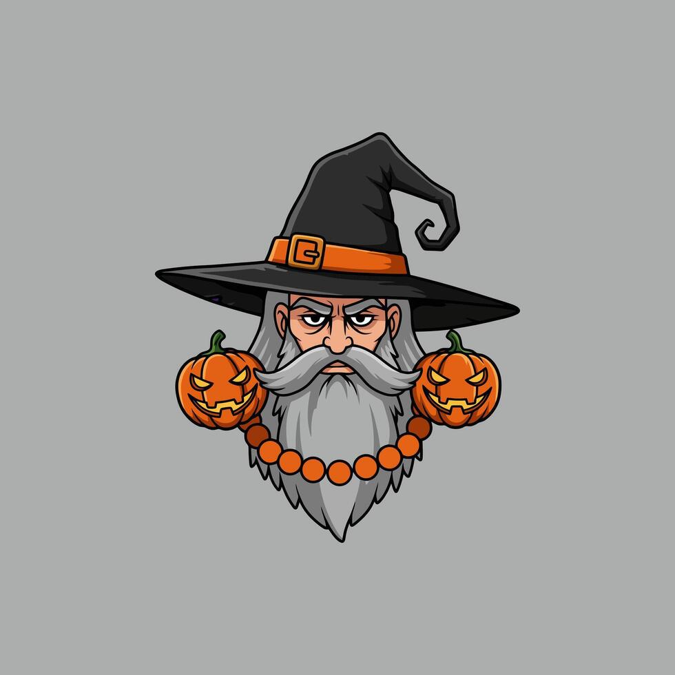 A cartoon illustration of a stern-faced wizard wearing a witch's hat, adorned with jack-o'-lanterns and beads. vector