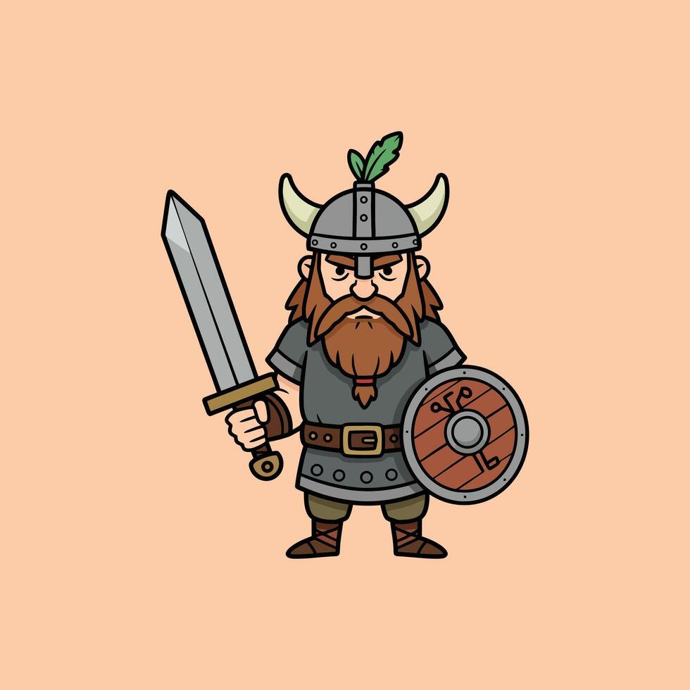 A cartoon illustration depicts a fierce Viking warrior armed with a sword and shield, ready for battle. vector