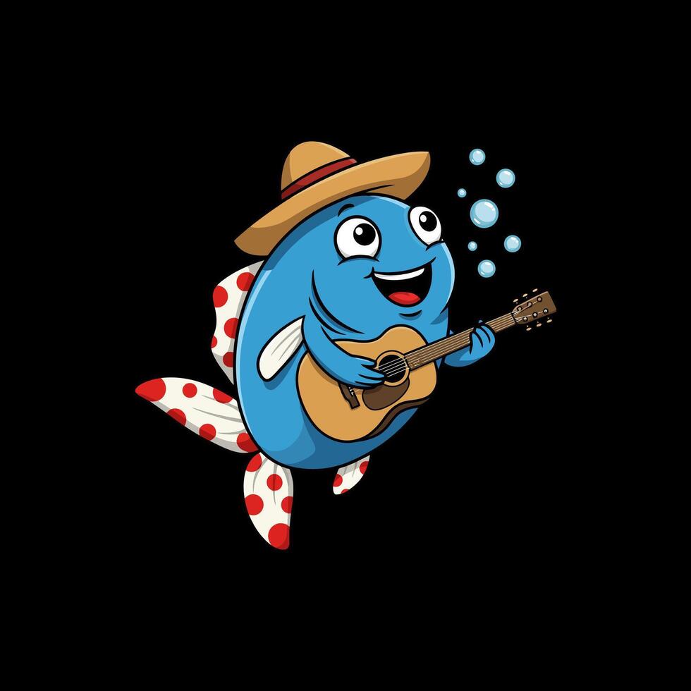 A cheerful cartoon fish wearing a sombrero plays an acoustic guitar underwater while bubbles float around it. vector