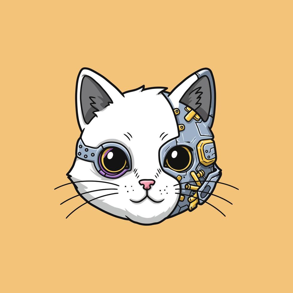 A stylized illustration depicts a cats head half organic and half robotic showcasing a blend of cute and futuristic elements. vector