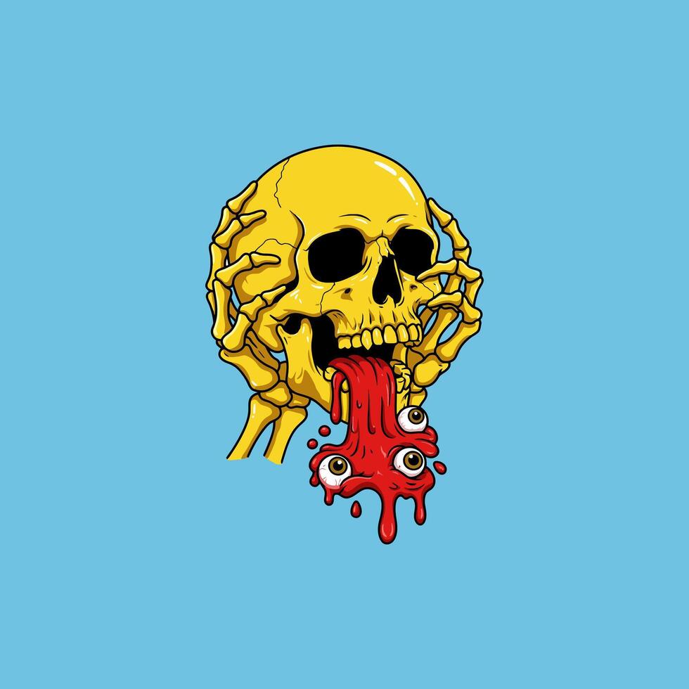 A stylized illustration depicts a yellow skull with skeletal hands holding its head while vomiting blood and eyeballs. vector