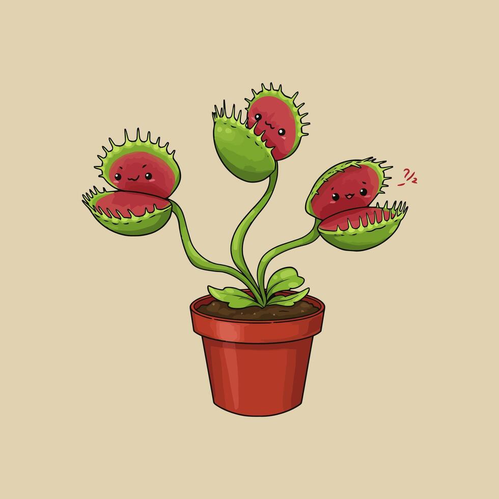 A charming illustration depicts three cute cartoon Venus flytraps in a terracotta pot, showcasing their cheerful expressions. vector