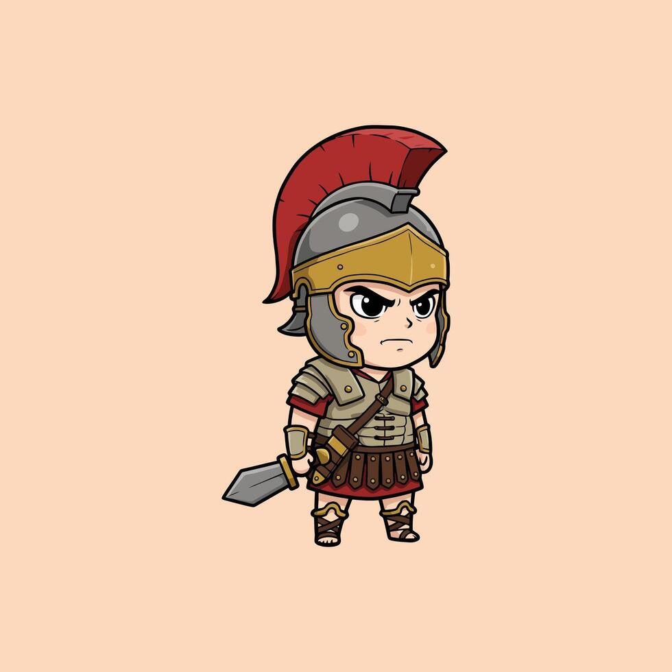 The image depicts a stylized cartoon illustration of a Roman soldier in full battle gear, ready for combat. vector