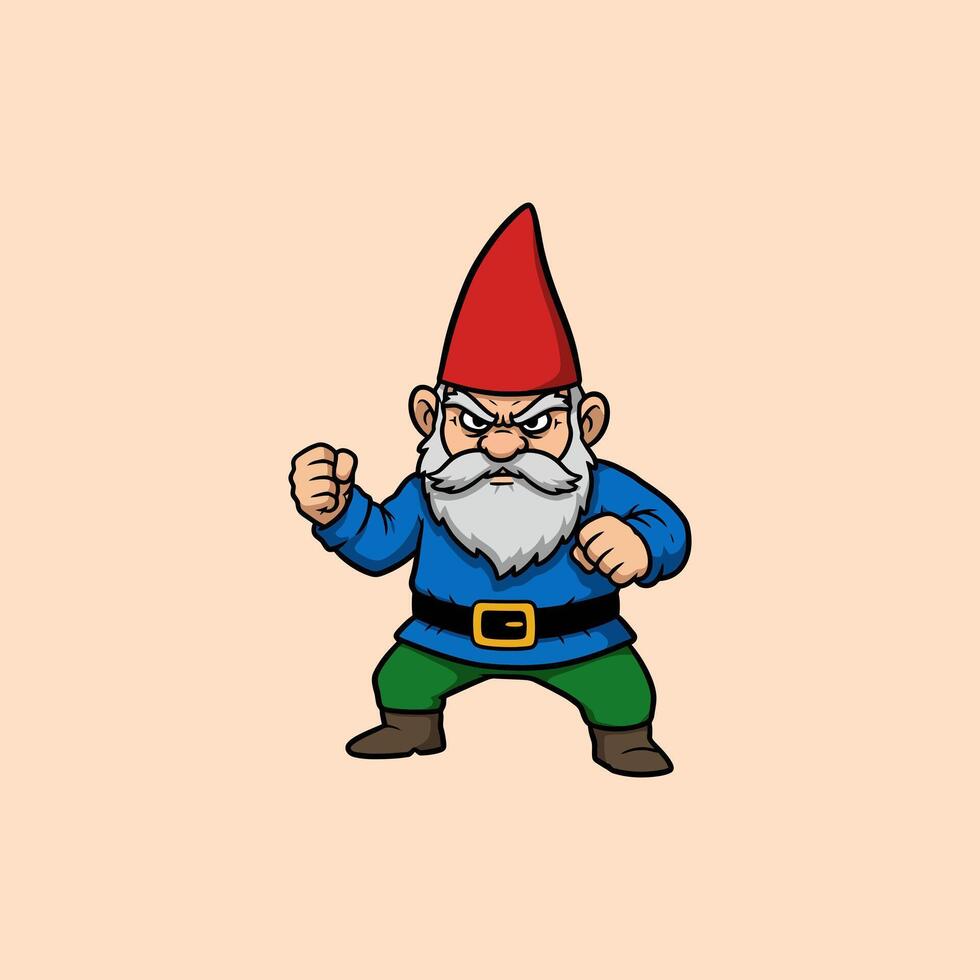 An illustration of an angry garden gnome in a fighting stance, ready to brawl. vector