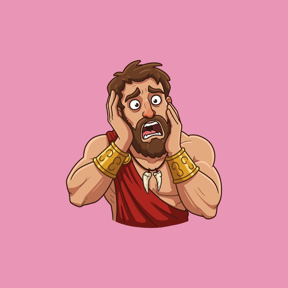 A cartoon illustration depicts a strong, terrified ancient man with a beard, wearing gold bracelets and a red robe, his hands covering his face in fear. vector