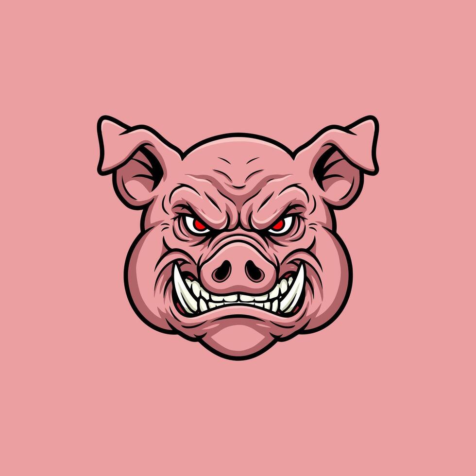 A cartoon illustration of an angry pig head with a fierce expression and bared teeth. vector