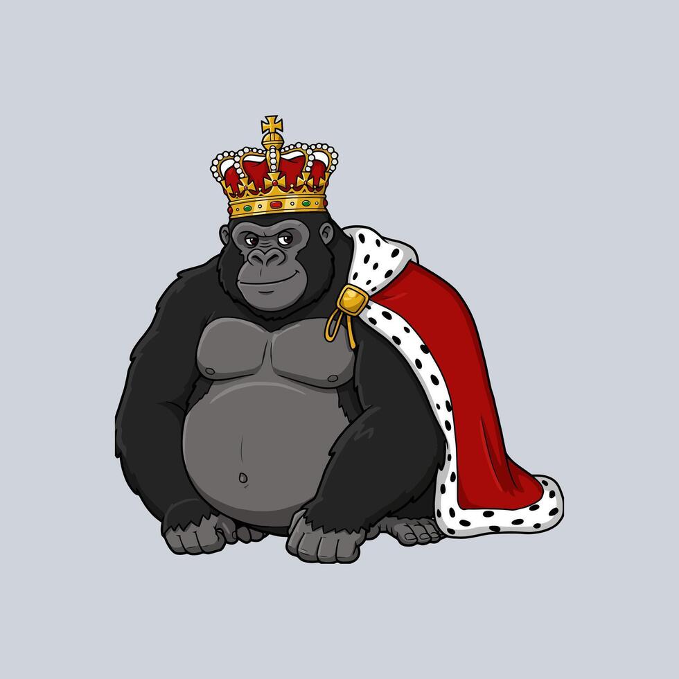 A cartoon illustration depicts a powerful gorilla wearing a golden crown and a red royal robe. vector