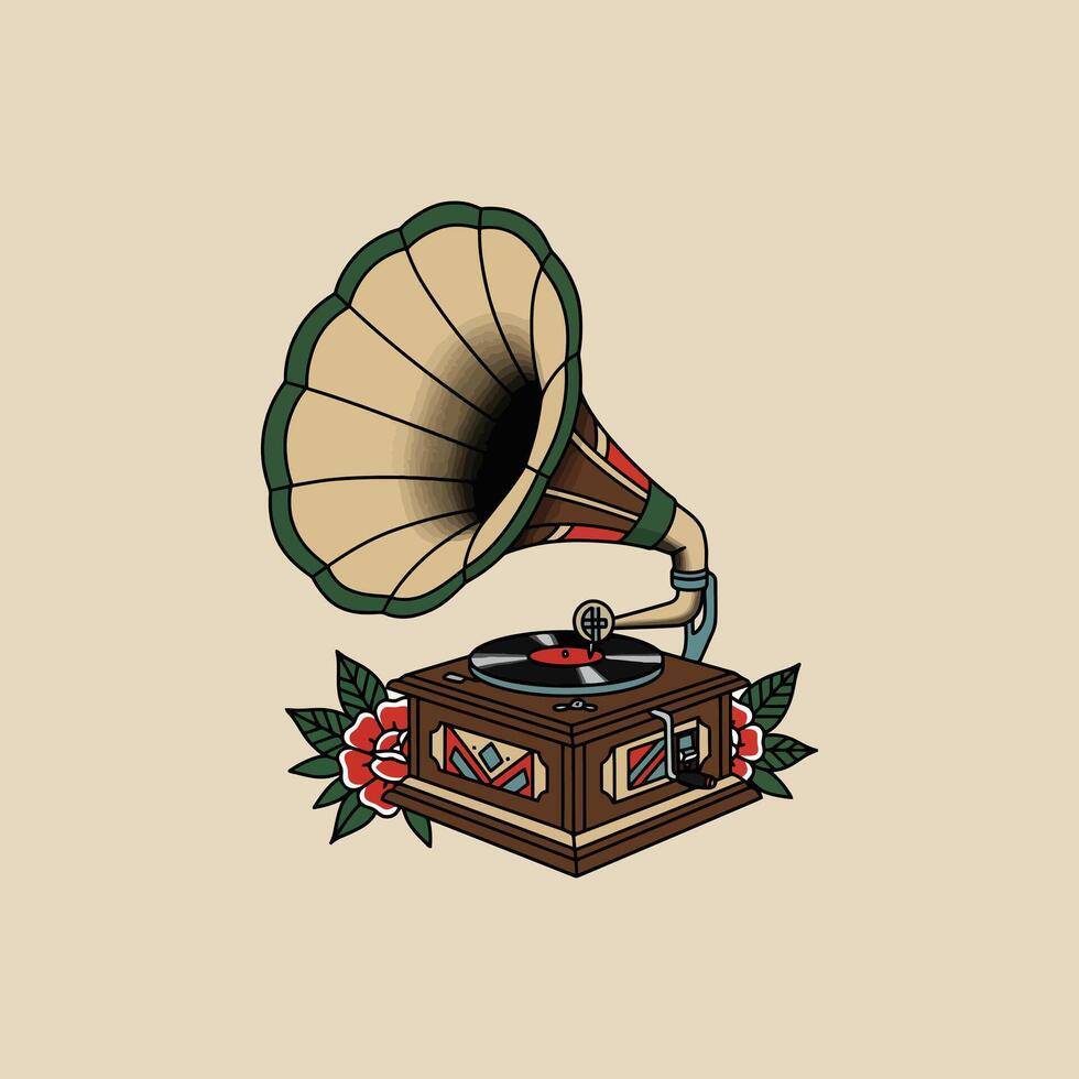 A stylized illustration of a vintage gramophone adorned with floral elements, reminiscent of classic tattoo art. vector
