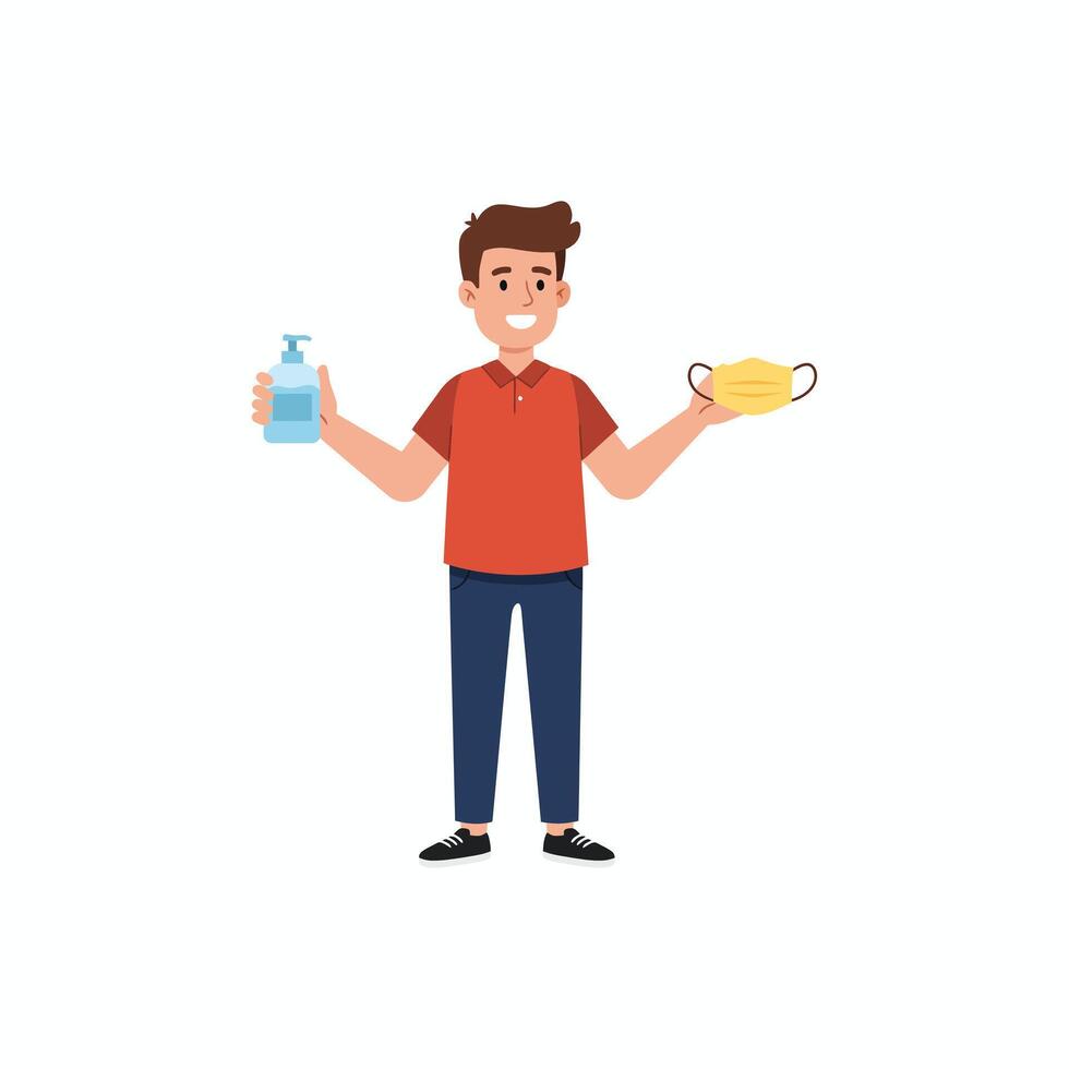 A cartoon illustration of a young man holding hand sanitizer and a face mask promoting hygiene and safety. vector