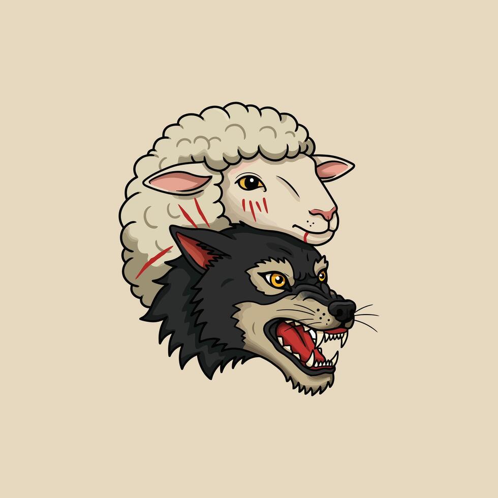 The image depicts a stylized illustration of a sheep and a wolf head juxtaposed, suggesting a thematic conflict or duality. vector