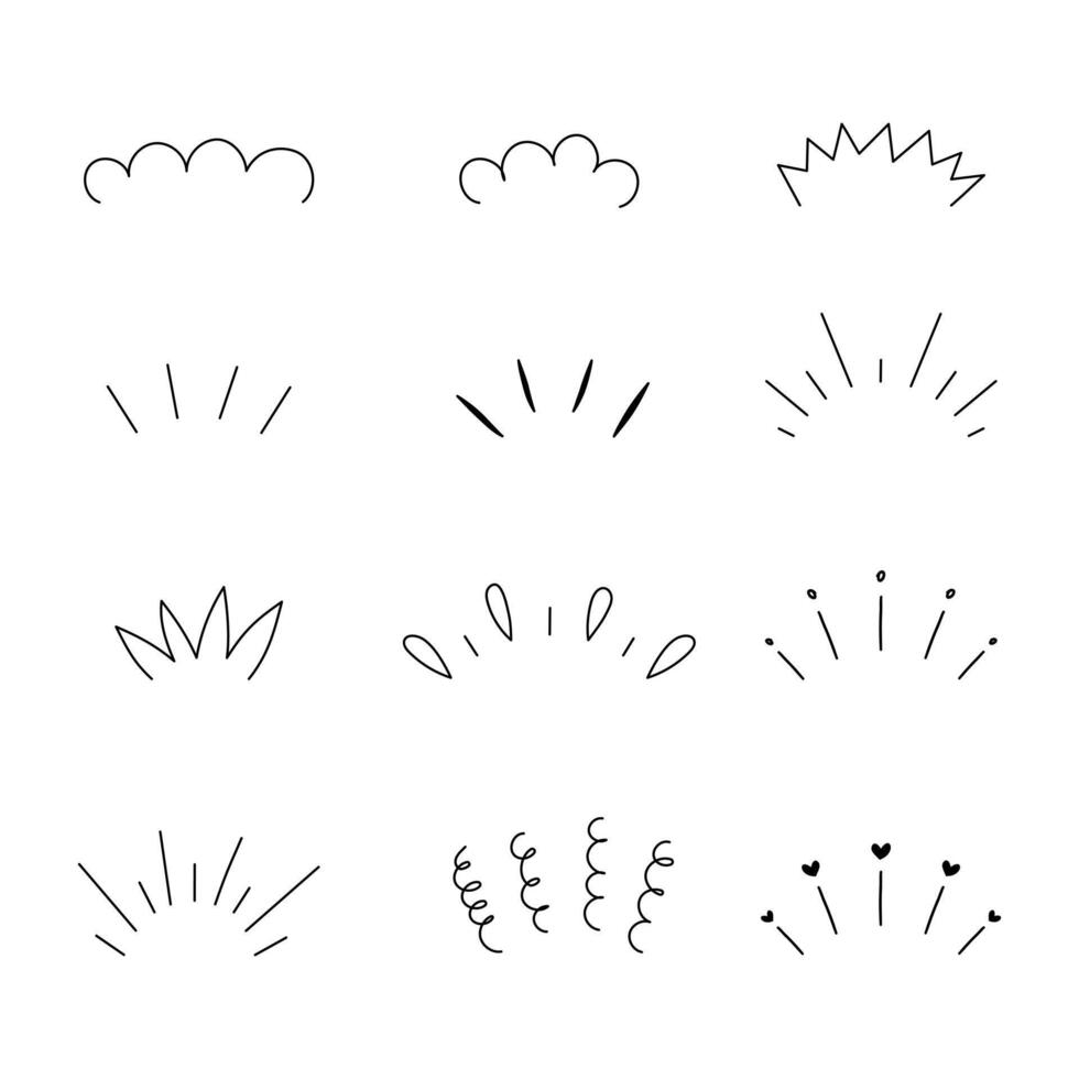 Doodle shine sunburst sparkle ray elements. Hand drawn pop surprise line frame, illustration vector