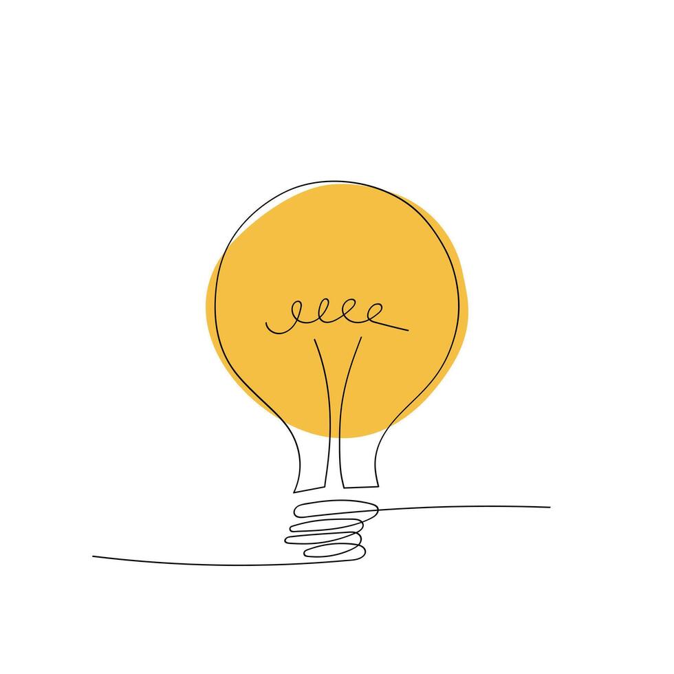 Single line drawing of a yellow light bulb on white background, creativity and innovation concept vector