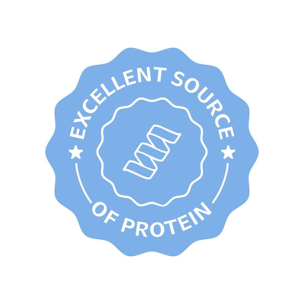 Blue badge with excellent source of protein text, healthy nutrition concept vector
