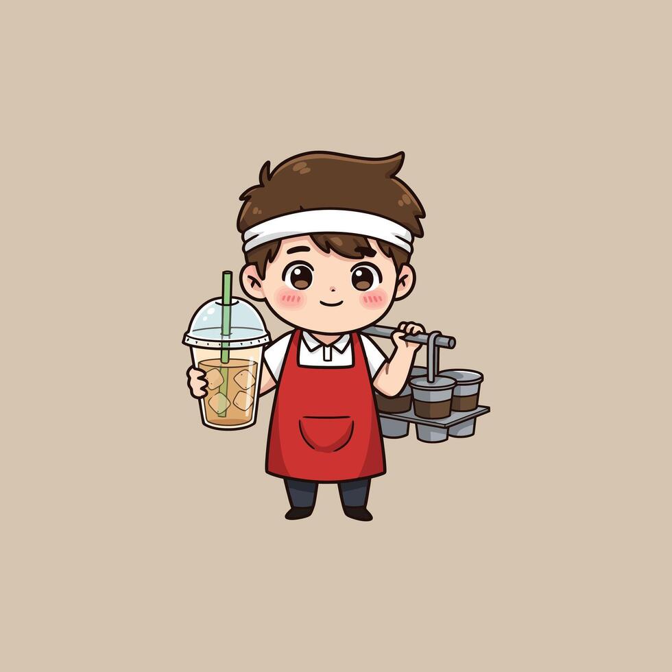 A cheerful cartoon barista carries iced tea and multiple coffees for customers. vector
