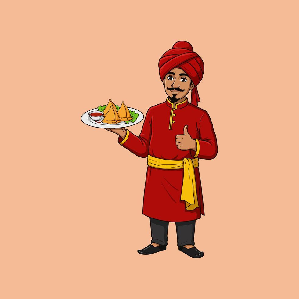An illustration of a smiling Indian man in traditional attire serving a plate of samosas with a thumbs up gesture. vector
