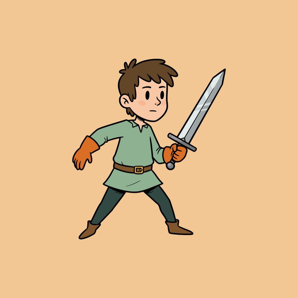 A cartoon illustration of a young boy dressed in medieval attire holding a sword. vector