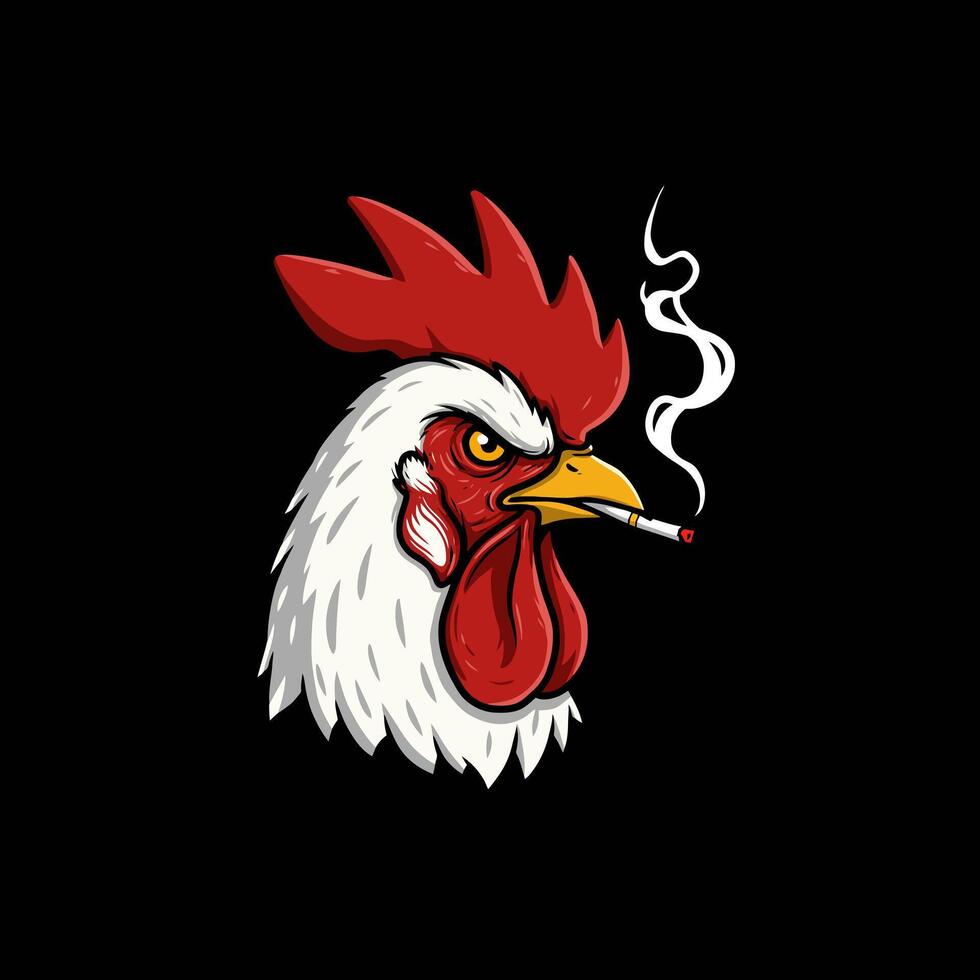 The image is a stylized illustration of a rooster's head, smoking a cigarette, set against a black background. vector