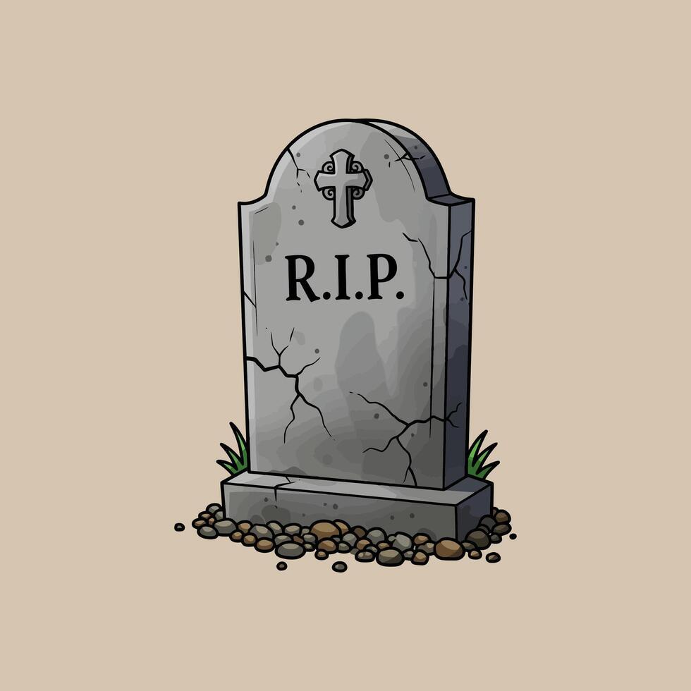 A cartoon illustration of a weathered grey tombstone with a cross, inscribed RIP, situated on a bed of pebbles and grass. vector