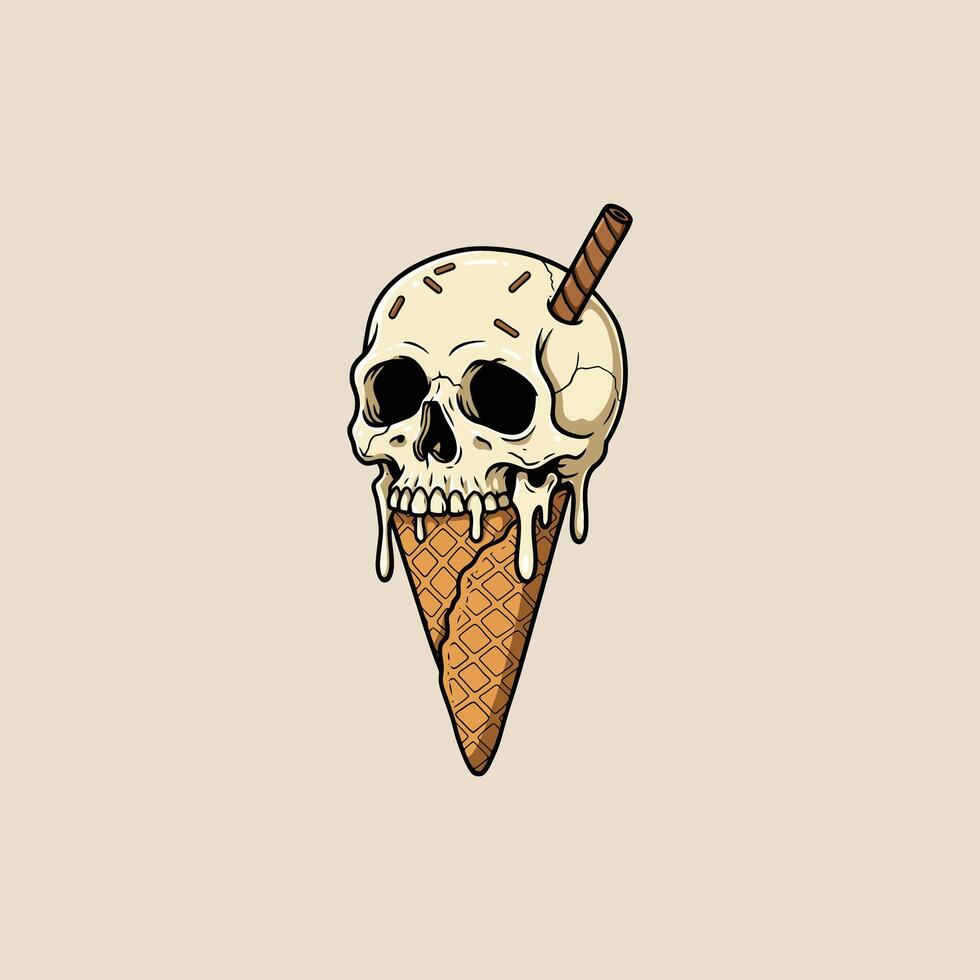 A skull-shaped ice cream cone with melting ice cream and a wafer stick is illustrated in a vintage style. vector