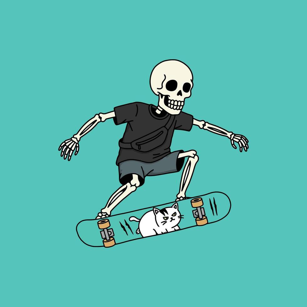 A cartoon skeleton enjoys skateboarding with a small white cat sitting on the board against a teal background. vector