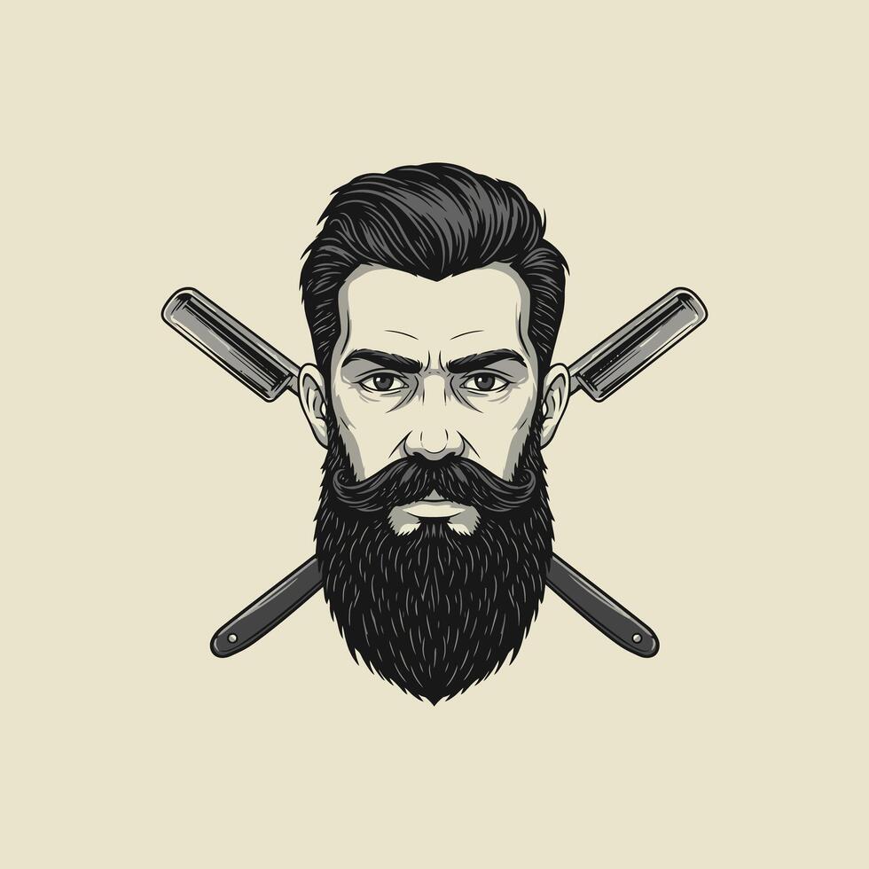 A stylized illustration of a mans head with a full beard and mustache crossed with two straight razors. vector