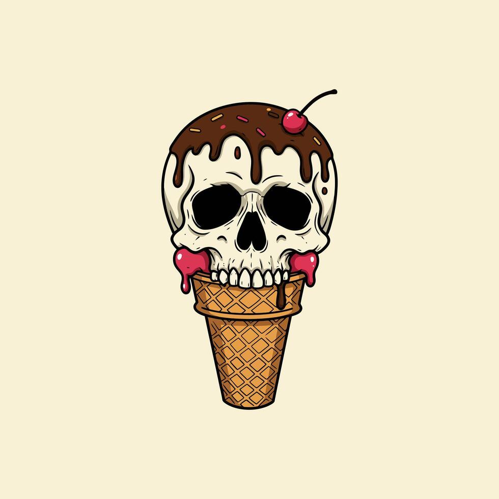 A whimsical illustration depicts a skull as an ice cream cone topped with chocolate and a cherry. vector