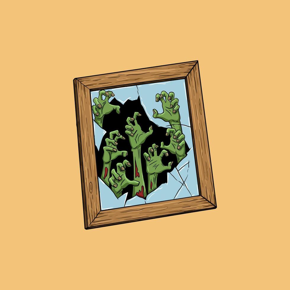Several bloody zombie hands claw through a broken picture frame in a spooky illustration. vector