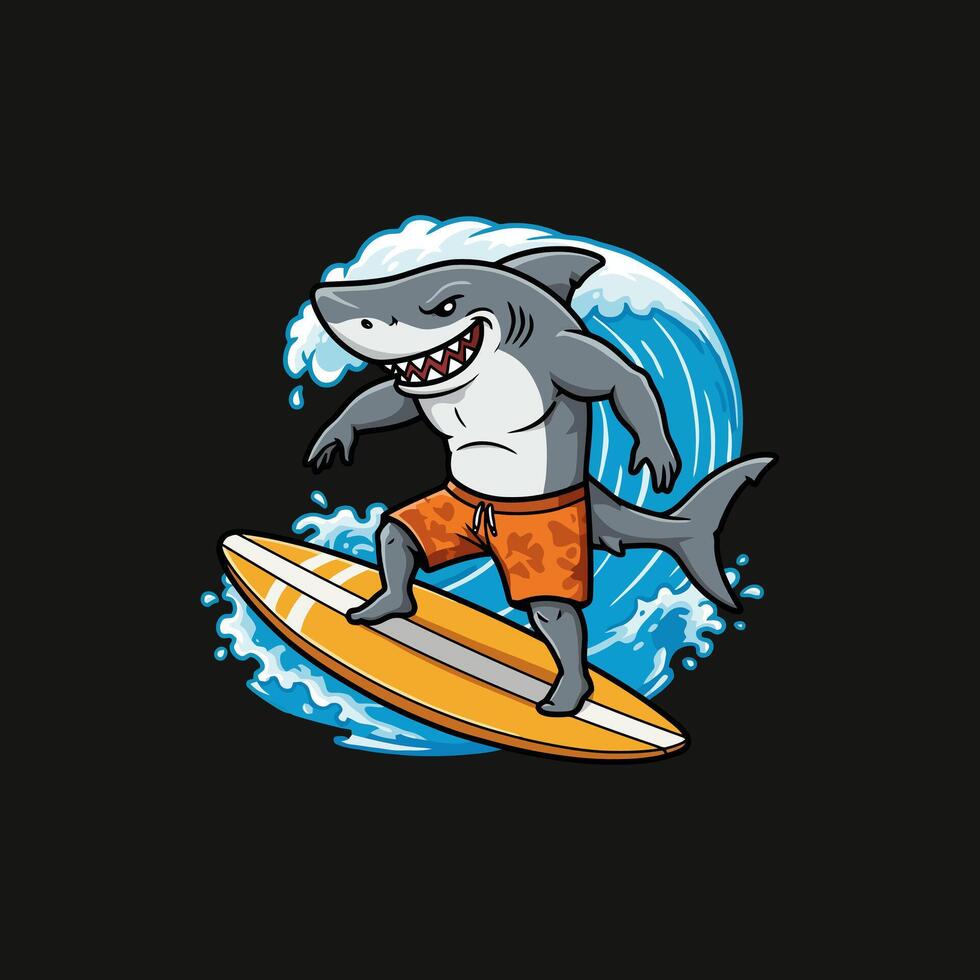 A cartoon shark wearing swim trunks skillfully rides a surfboard on a large ocean wave. vector