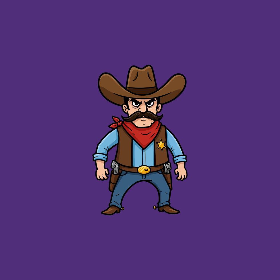 The image shows a cartoon illustration of a stern-faced cowboy sheriff, standing in a resolute pose. vector