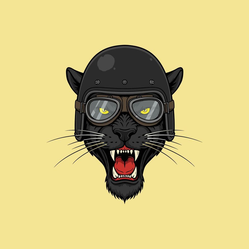 A snarling black panther's head is depicted wearing a vintage motorcycle helmet and goggles. vector