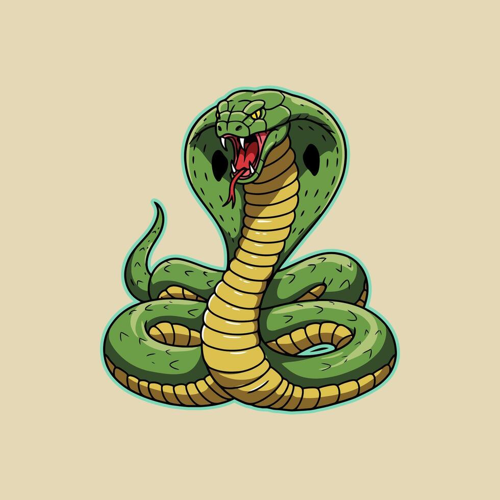 A stylized illustration of a green cobra, its hood expanded, displaying a threatening and powerful stance. vector
