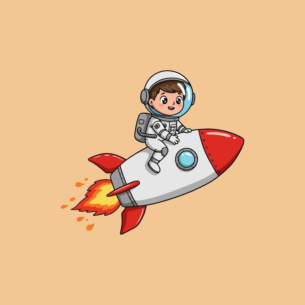 An illustration of a cheerful young astronaut boy soaring through space on a small rocket. vector