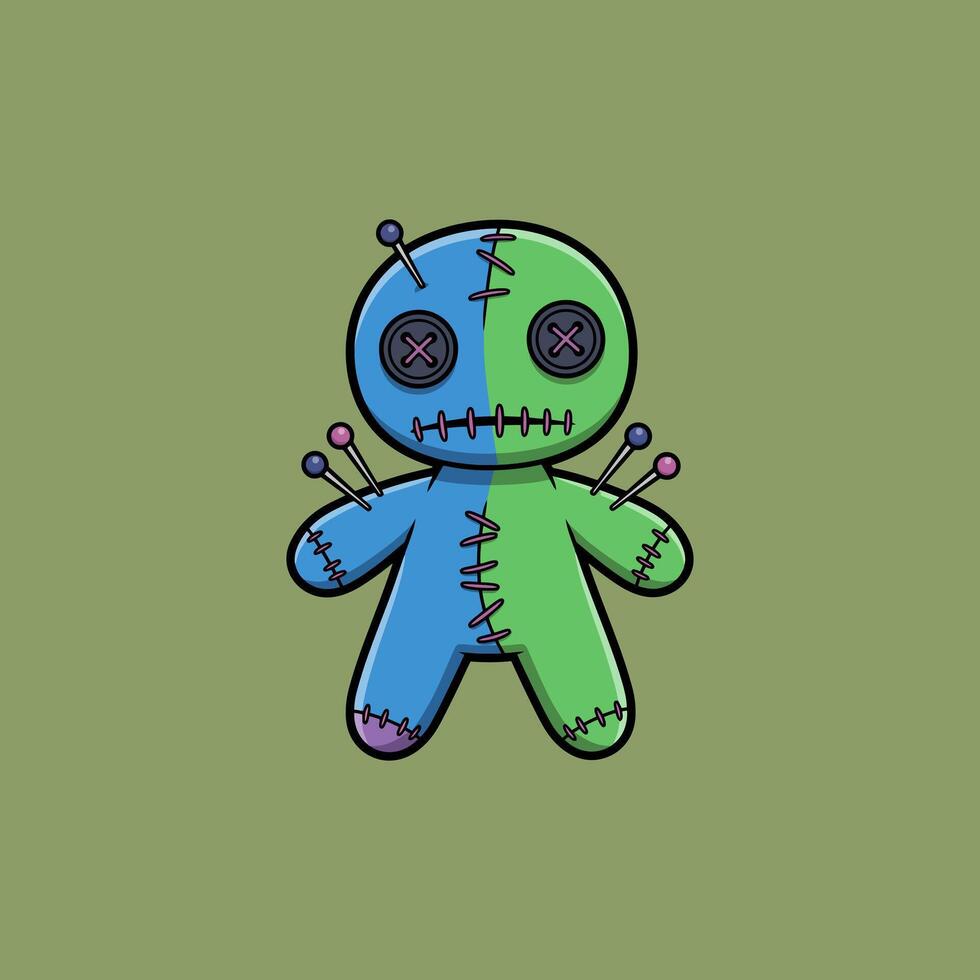 A stylized cartoon voodoo doll is depicted with a blue and green body and pins. vector
