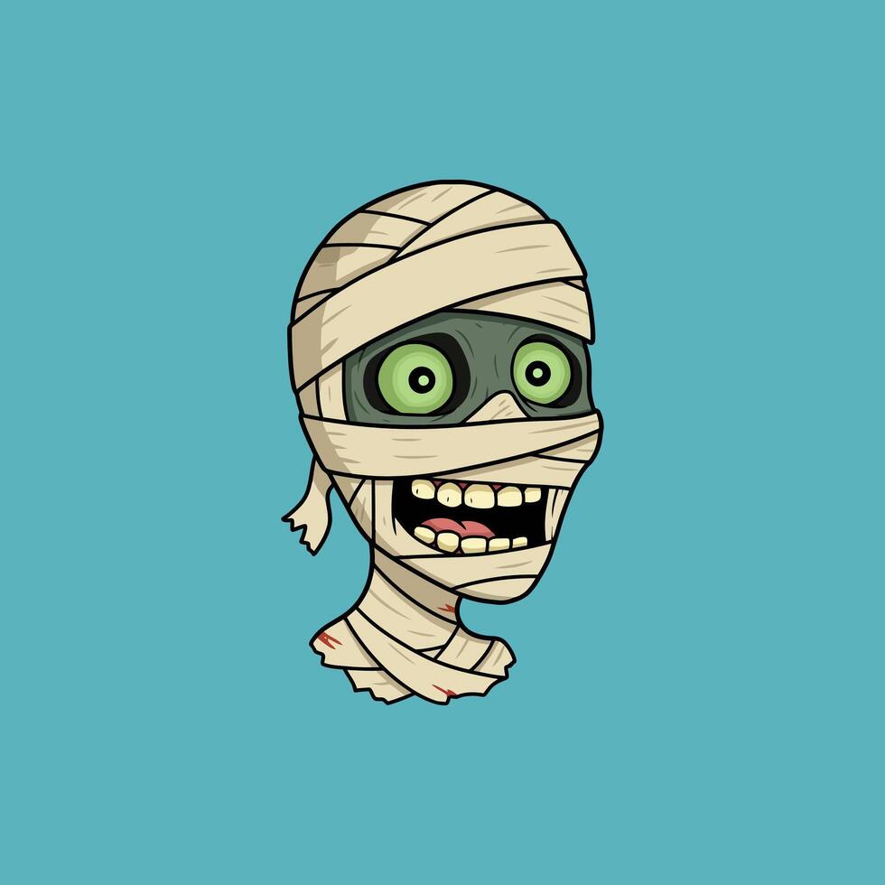 A cartoon illustration of a happy mummy head with green eyes and bandages. vector