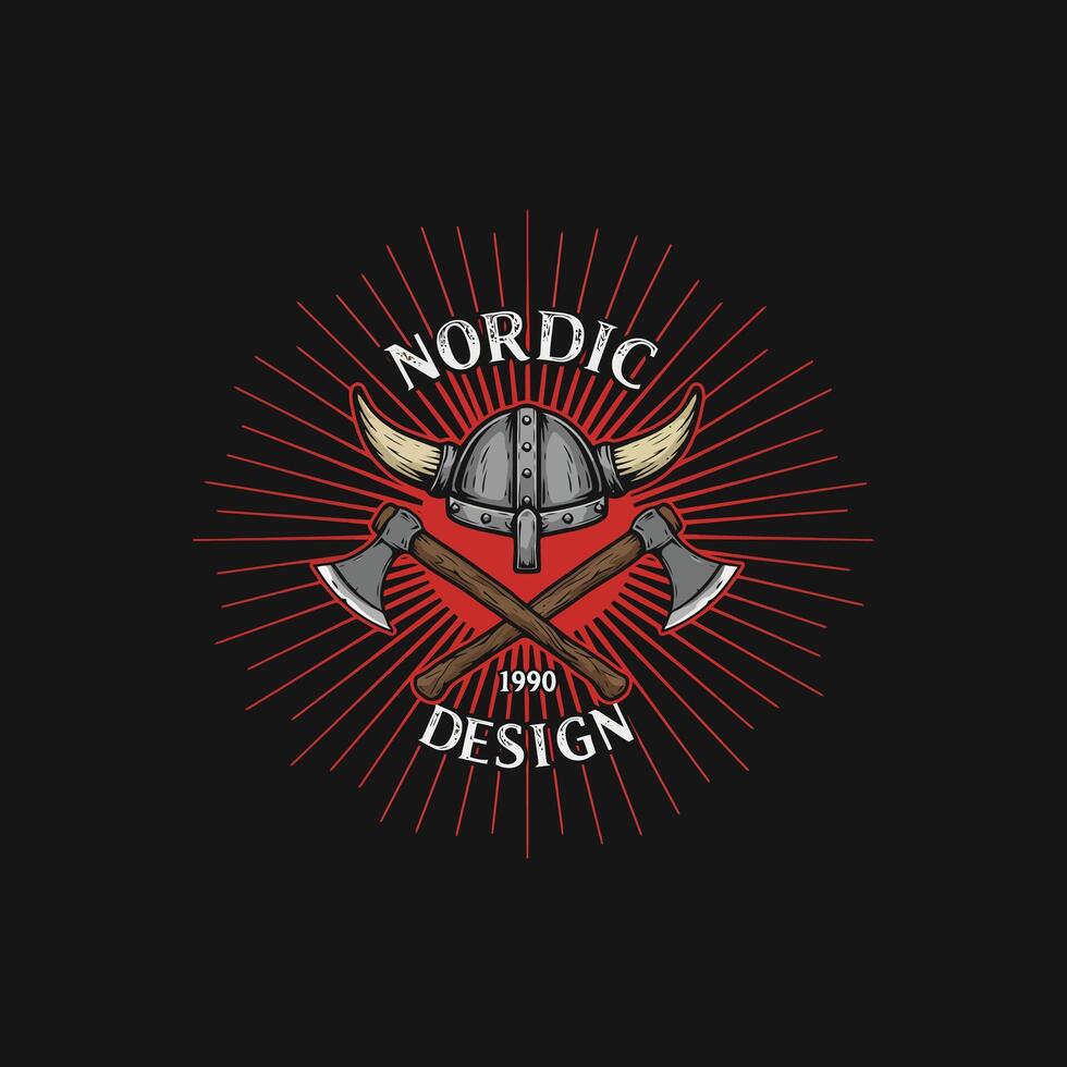 A vintage style logo depicting a horned Viking helmet and crossed axes within a red sunburst design. vector
