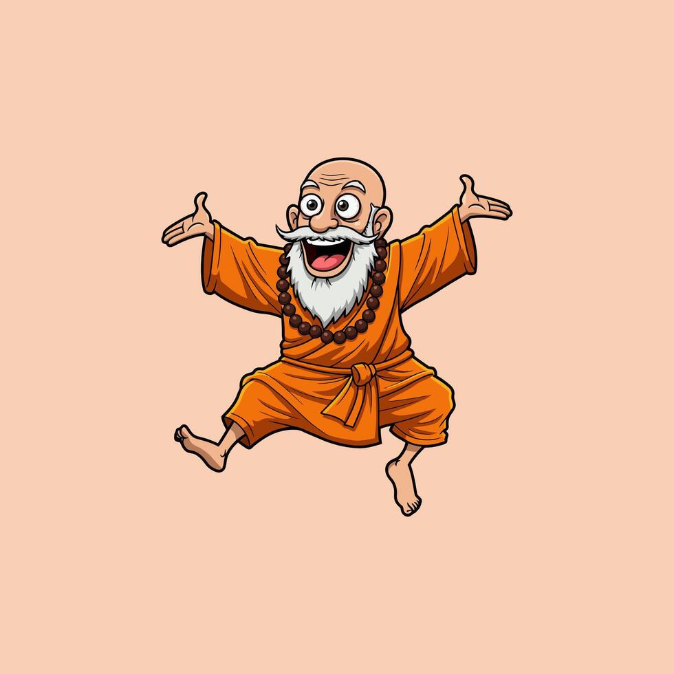 The image shows a cartoon illustration of a happy, jumping bald monk with a long white beard wearing an orange robe. vector