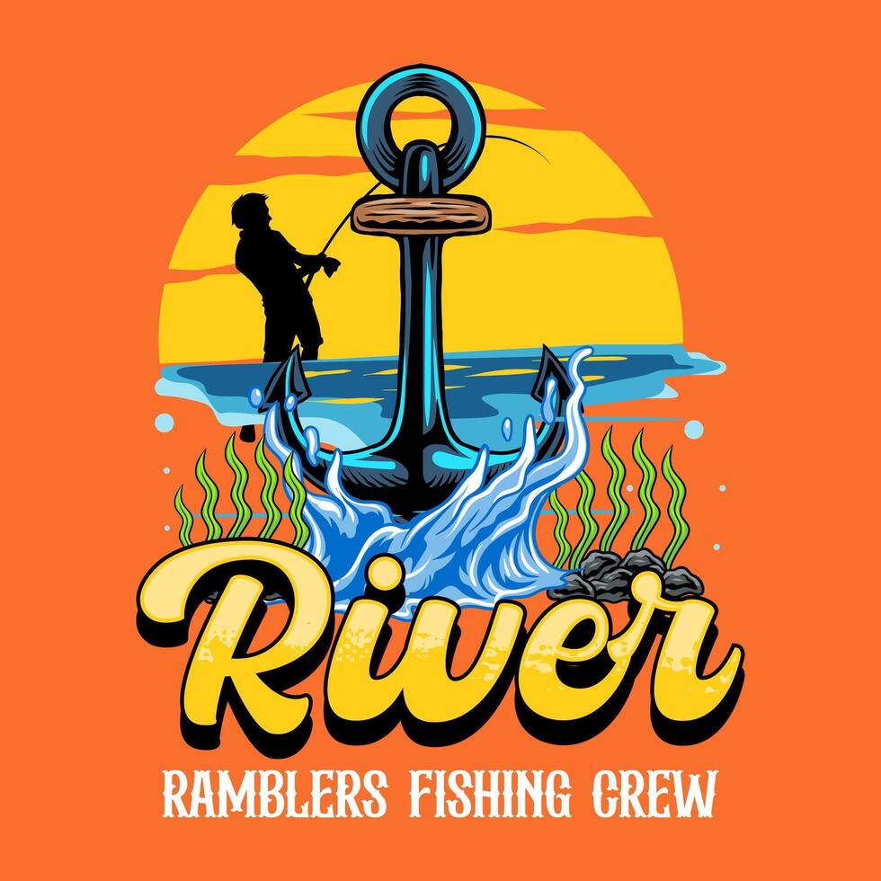 Fisherman catch fish in river Cartoon Illustration for sticker badge emblem t-shirt banner invitation vector
