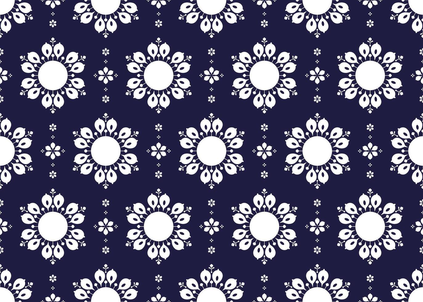 White floral blooming design on dark blue background, ethnic fabric seamless pattern, design for cloth, carpet, batik, wallpaper, wrapping etc. vector