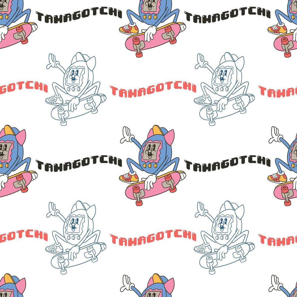 vintage style tamagotchi mascot character seamless pattern vector