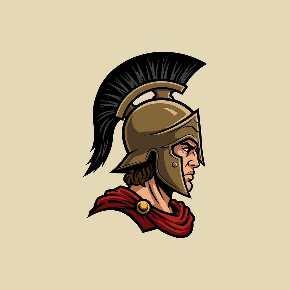 A stylized illustration depicts the profile of a Spartan warrior, wearing a bronze helmet with a tall plume and a red cloak. vector