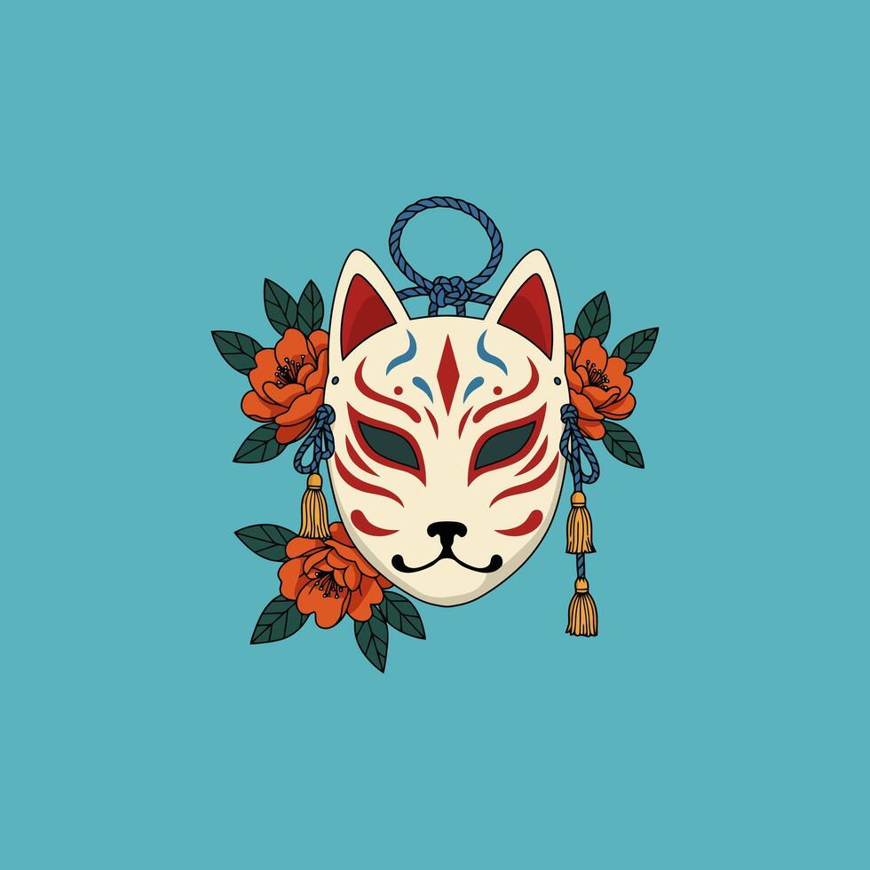 A stylized illustration of a kitsune mask decorated with orange flowers and yellow tassels against a teal background. vector
