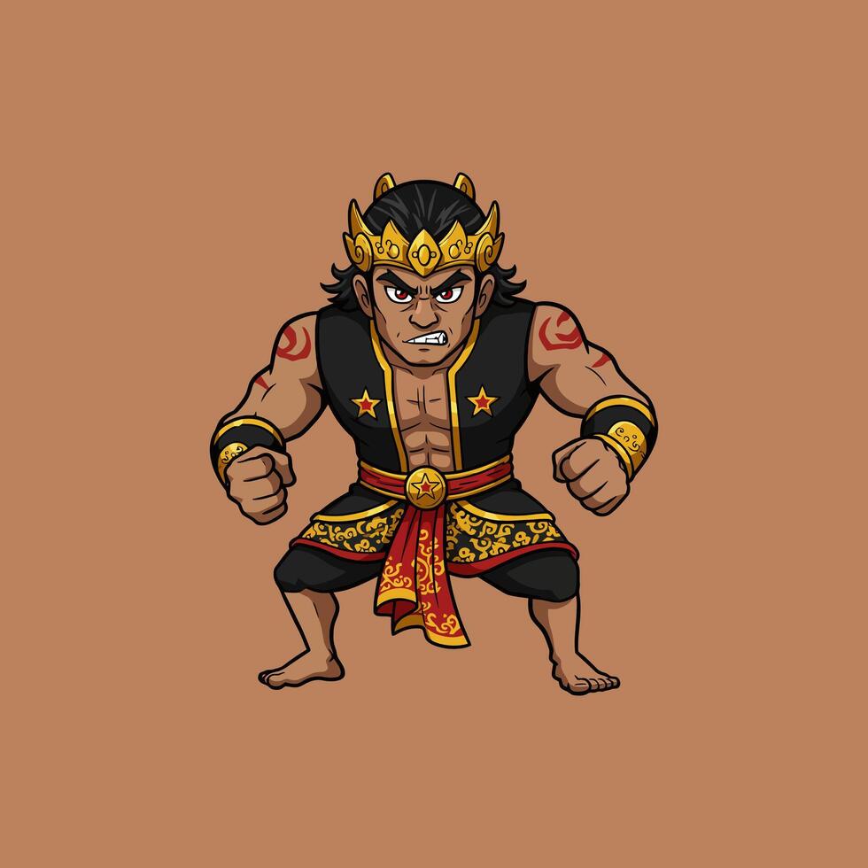 A cartoon illustration depicts a strong Indonesian warrior king in a fierce pose, wearing traditional attire and a golden crown. vector