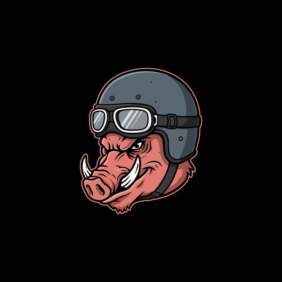 The image shows a cartoon illustration of a wild boar's head wearing a vintage motorcycle helmet and goggles. vector