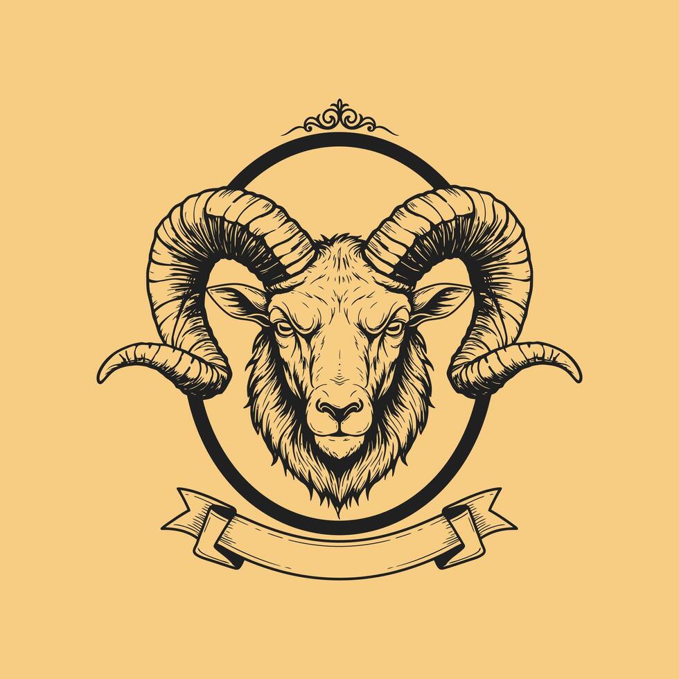 A detailed illustration of a rams head with large horns set within an elegant oval frame and a blank banner below. vector