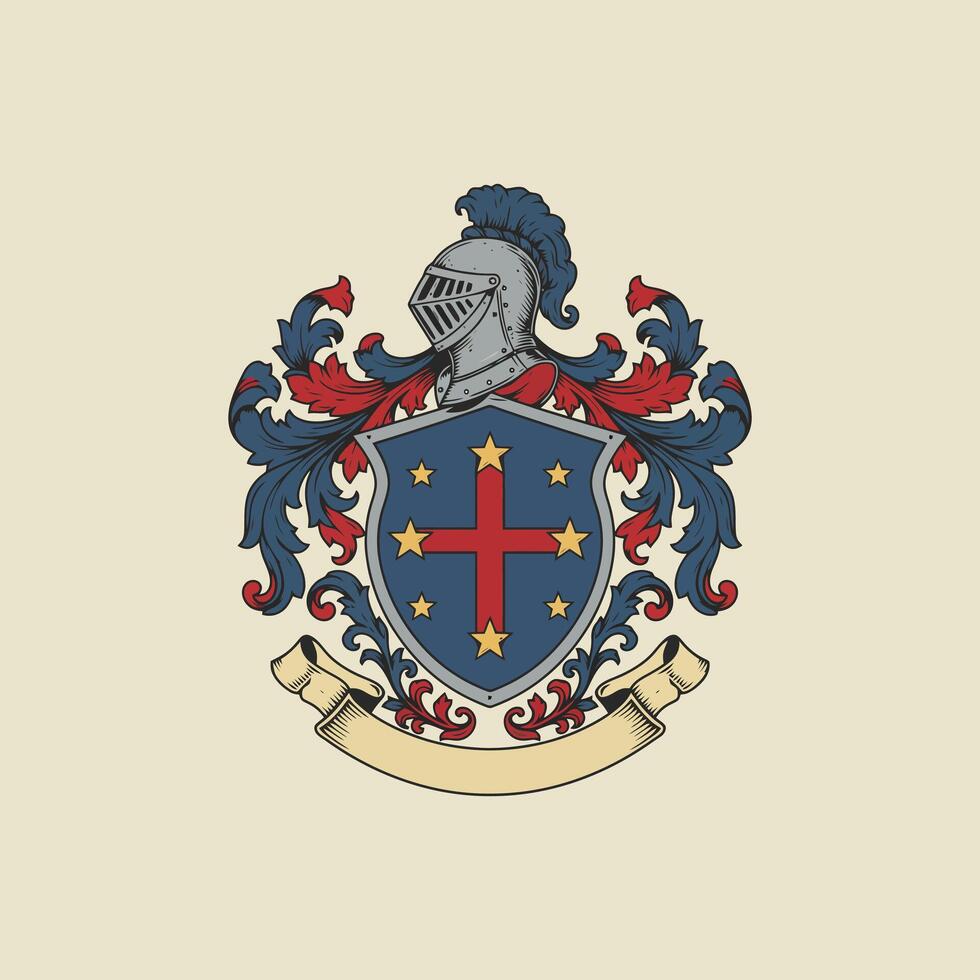 A detailed illustration of a medieval coat of arms showcasing a knights helmet atop a shield with a cross and stars. vector