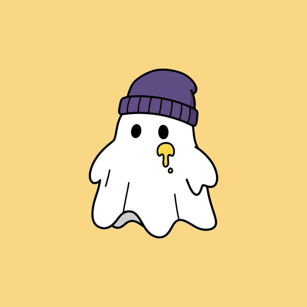 A stylized cartoon ghost wearing a purple beanie and has a yellow drip on its face. vector