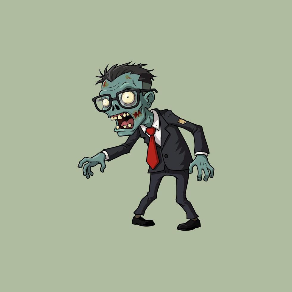 This is a cartoon illustration of a zombie businessman in a suit and glasses. He is walking forward with a menacing expression. vector